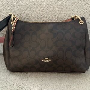 Coach Small Mia Shoulder Bag F73177 Brown Canvas Leather Pink Interior